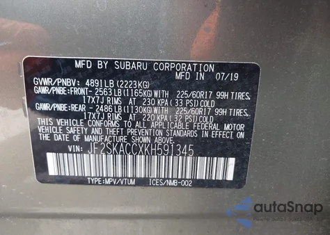 2019 Subaru Forester из США, поврежденный, VIN JF2SKACCXKH591345